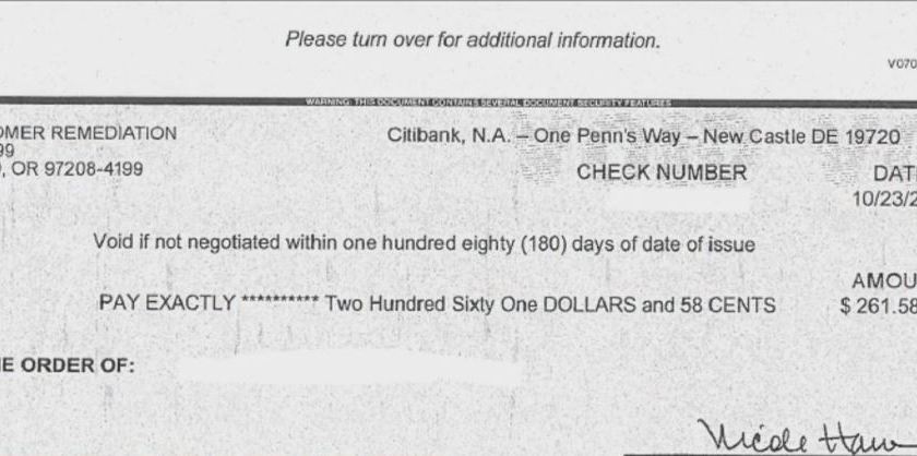 A sample Citi card settlement check. Photo via WINK News.
