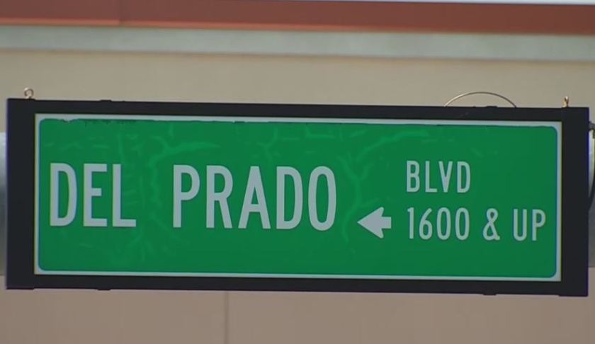 Del Prado Blvd. street sign hangs above an area that will have future construction work. Photo via WINK News.