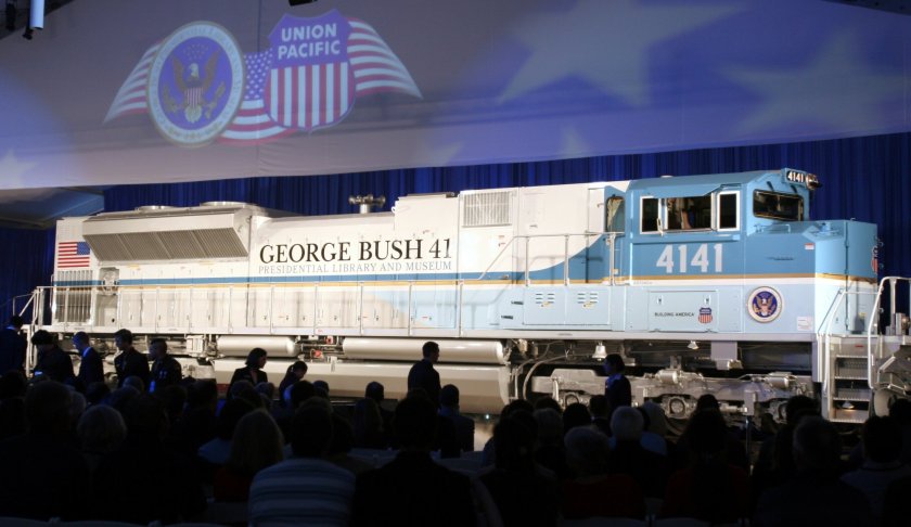 FILE - In this Oct. 18, 2005, file photo, a new locomotive numbered 4141 in honor of the 41st president, George H.W. Bush, is unveiled at Texas A&M University in College Station, Texas. Photo via AP/Pat Sullivan.