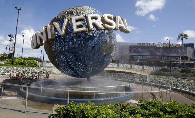 In this Oct. 22, 2015 file photo, park guests relax and cool off with a water mist under the globe at Universal Studios City Walk in Orlando, Fla. A lawsuit brought by a Guatemalan family whose father died after going on a ride says Universal Orlando Resort should have put warning signs in Spanish. Photo via AP/John Raoux.