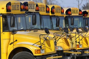 Parked school buses. Photo via AP/Seth Perlman.