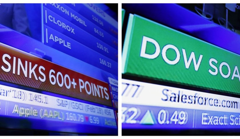 This combination photo shows a television screen on the floor of the New York Stock Exchange with a headline for the Dow Jones industrial average on Feb. 2, 2018, left, and another on Nov. 28. No matter which way the stock market goes in 2019, and Wall Street has ample arguments for either direction, expect it to be another gut-wrenching ride. Photo via AP/Richard Drew.