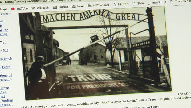 A Photoshopped image of the entrance to a Nazi death camp, posted online by a supporter of presidential candidate Donald Trump. Photo via CBS News.