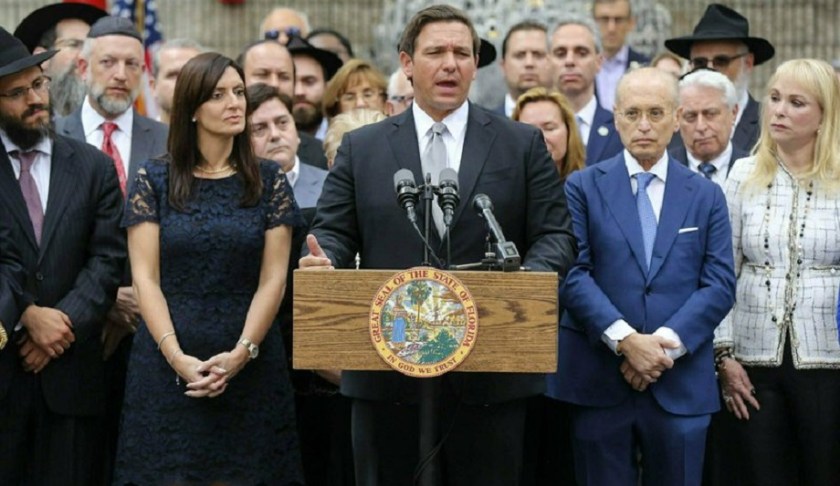 Florida Gov. Ron DeSantis speaks at a press conference at the Jewish Federation of South Palm Beach County in Boca Raton, Fla. Tuesday, Jan. 15, 2019. Photo via AP/Bruce R. Bennett.