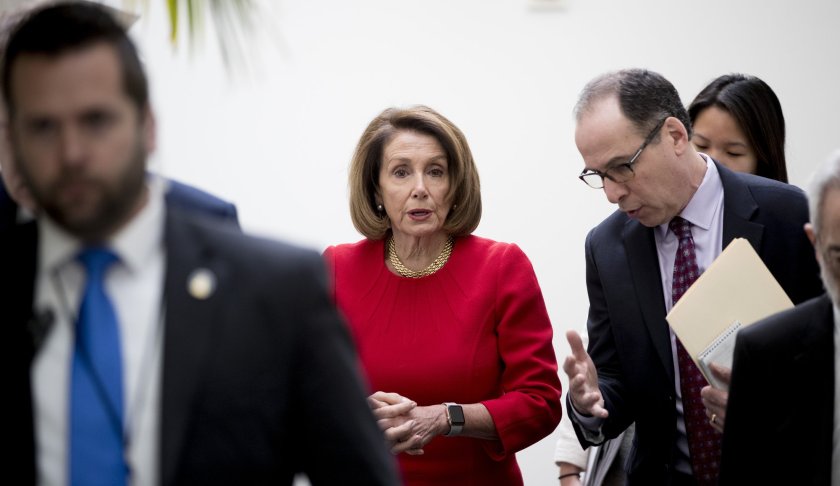 House Speaker Nancy Pelosi of Calif. leaves a House Democratic Caucus meeting on Capitol Hill in Washington, Wednesday, Jan. 23, 2019. (AP Photo/Andrew Harnik)