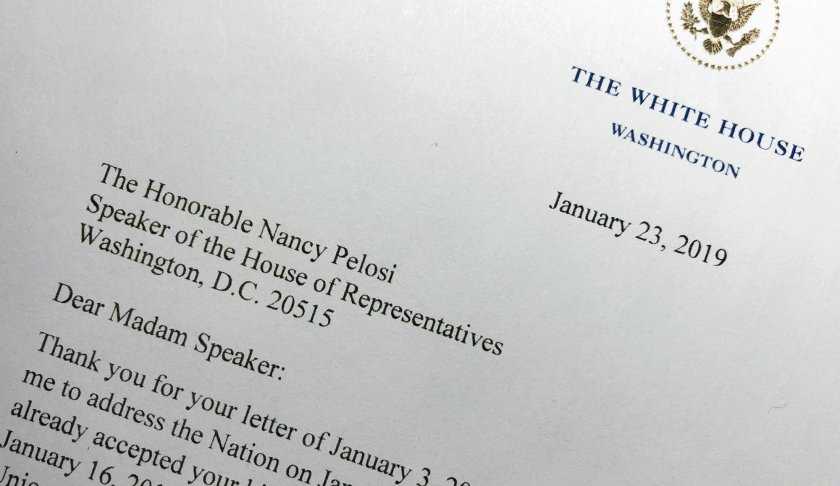 A portion of a letter sent to House Speaker Nancy Pelosi to President Donald Trump, Wednesday, Jan. 23, 2019 in Washington. Trump made it clear Wednesday that he intends to deliver his State of the Union speech to a joint session of Congress, telling House Speaker Nancy Pelosi in a letter that there are no security concerns stemming from the government shutdown and “therefore I will be honoring your invitation.” (AP Photo/Wayne Partlow)