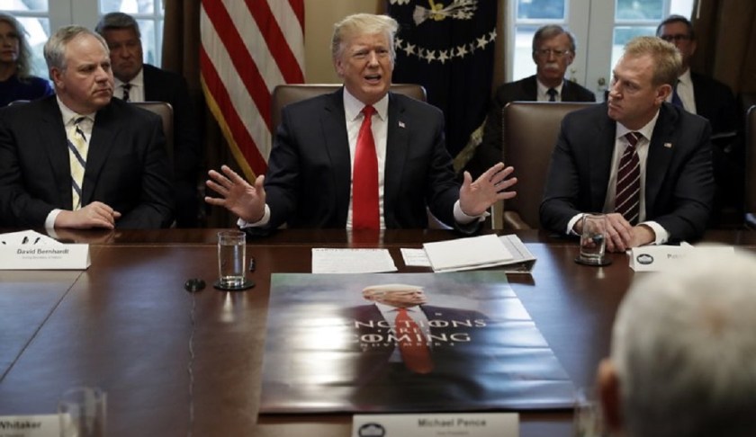 President Donald Trump speaks during a cabinet meeting at the White House, Wednesday, Jan. 2, 2019, in Washington. David Bernhardt, Acting Secretary of Interior is left and Patrick Shanahan, Acting Secretary of Defense is right. Photo via AP Photo/Evan Vucci.