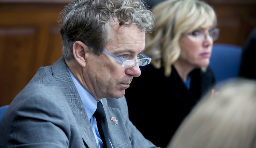 U.S. Sen. Rand Paul, left, R-Ky., and wife Kelley Paul listen to questions Monday, Jan. 28, 2019, during jury selection in a civil trial in Warren Circuit Court in Bowling Green, Ky. (Bac Totrong/Daily News via AP)