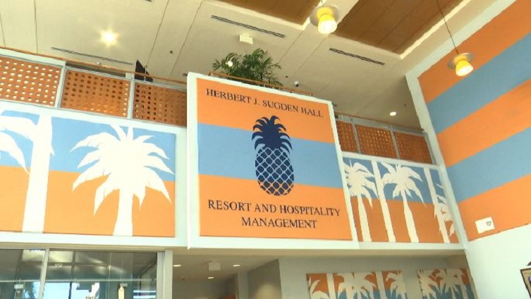 In the lobby of the Hospitality building at FGCU. Photo via WINK News.