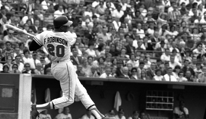FILE -This is a May 19, 1966, file photo showing Baltimore Orioles' Frank Robinson at bat. Hall of Famer Frank Robinson, the first black manager in Major League Baseball and the only player to win the MVP award in both leagues, has died. He was 83. Robinson had been in hospice care at his home in Bel Air. MLB confirmed his death Thursday, Feb. 7, 2019.(AP Photo/File)