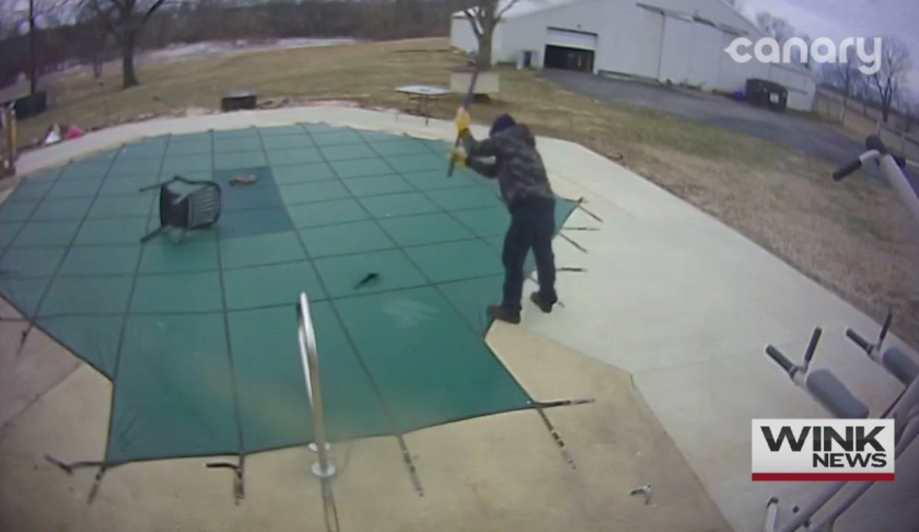 Man takes a rake to a pool. (Photo via Ronnie and Ellen Gross)