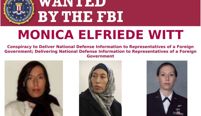 This image provided by the FBI shows part of the wanted poster for Monica Elfriede Witt. The former U.S. Air Force counterintelligence specialist who defected to Iran despite warnings from the FBI has been charged with revealing classified information to the Tehran government, including the code name and secret mission of a Pentagon program, prosecutors said Wednesday, Feb. 13, 2019. (FBI via AP)