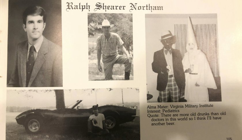 This image shows Virginia Gov. Ralph Northam’s page in his 1984 Eastern Virginia Medical School yearbook. The page shows a picture, at right, of a person in blackface and another wearing a Ku Klux Klan hood next to different pictures of the governor. It's unclear who the people in the picture are, but the rest of the page is filled with pictures of Northam and lists his undergraduate alma mater and other information about him. (Eastern Virginia Medical School via AP)