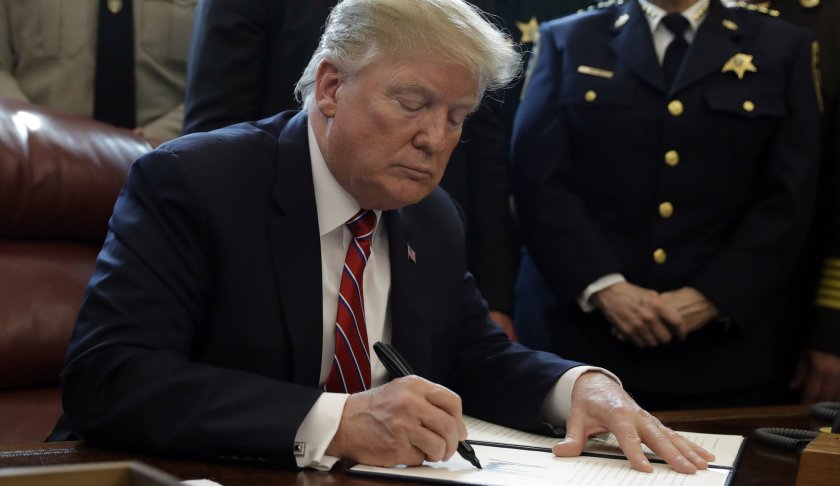 FILE: President Donald Trump signs the first veto of his presidency in the Oval Office of the White House, Friday, March 15, 2019, in Washington. (AP Photo/Evan Vucci/FILE)