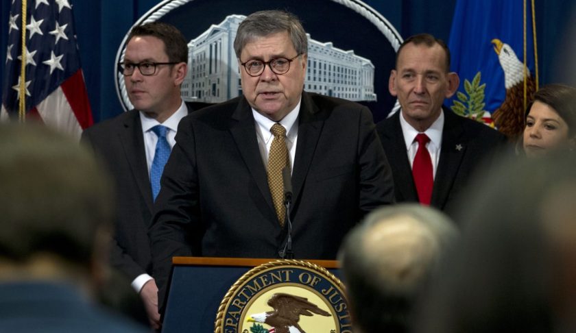 Attorney General William Barr accompanied by other officials, speaks during a news conference to address elder financial exploitation and law enforcement actions, at Department of Justice in Washington, Thursday, March 7, 2019. (AP Photo/Jose Luis Magana)