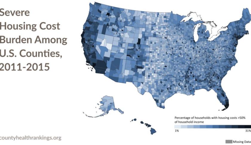 Severe housing cost burden among U.S. counties, 2011-2015. (Credit: County Health Rankings)
