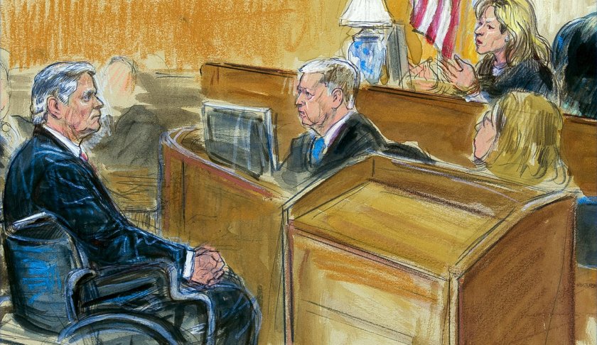 This courtroom sketch shows Paul Manafort listening to Judge Amy Berman Jackson in the U.S. District Courtroom during his sentencing hearing, in Washington, Wednesday, March 13, 2019. (Dana Verkouteren via AP)