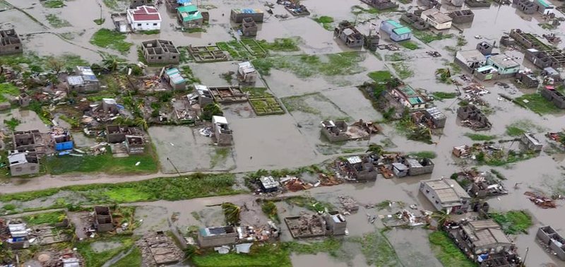 This image made available by International Federation of Red Cross and Red Crescent Societies (IFRC) on Monday March 18, 2019, shows an aerial view from a helicopter of flooding in Beira, Mozambique. The Red Cross says that as much as 90 percent of Mozambique's central port city of Beira has been damaged or destroyed by tropical Cyclone Idai. (Caroline Haga/International Federation of Red Cross and Red Crescent Societies (IFRC) via AP)