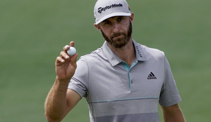 Dustin Johnson reacts on the second hole during the third round for the Masters golf tournament Saturday, April 13, 2019, in Augusta, Ga. (AP Photo/David J. Phillip)