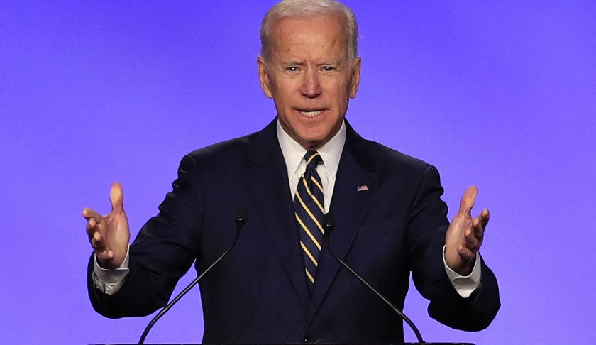 In this April 5, 2019 photo, former Vice President Joe Biden speaks at the International Brotherhood of Electrical Workers construction and maintenance conference in Washington. (AP Photo/Manuel Balce Ceneta)