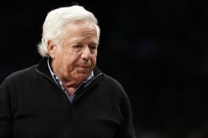 FILE - In this April 10, 2019, file photo, New England Patriots owner Robert Kraft leaves his seat during an NBA basketball game between the Brooklyn Nets and the Miami Heat, in New York. Attorneys for two Florida massage parlor employees plan to ask a judge to hold police and prosecutors responsible for the possible unauthorized release of video that they say shows New England Patriots owner Robert Kraft paying for sex. (AP Photo/Kathy Willens, File)