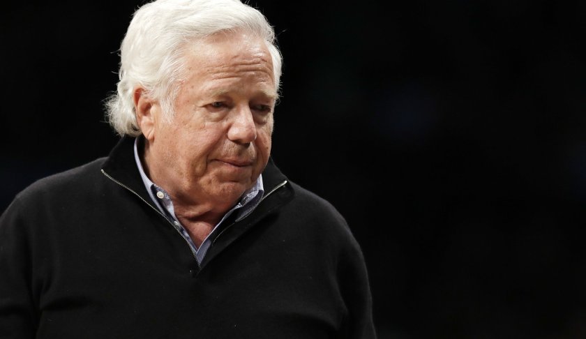 FILE - In this April 10, 2019, file photo, New England Patriots owner Robert Kraft leaves his seat during an NBA basketball game between the Brooklyn Nets and the Miami Heat, in New York. Attorneys for two Florida massage parlor employees plan to ask a judge to hold police and prosecutors responsible for the possible unauthorized release of video that they say shows New England Patriots owner Robert Kraft paying for sex. (AP Photo/Kathy Willens, File)