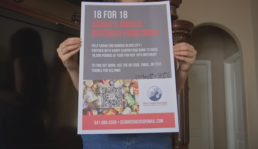Sarah Cabrera, 17, has been organizing food drives for the Harry Chapin Food Bank on her birthday since she 11-years-old. (Credit: WINK News)