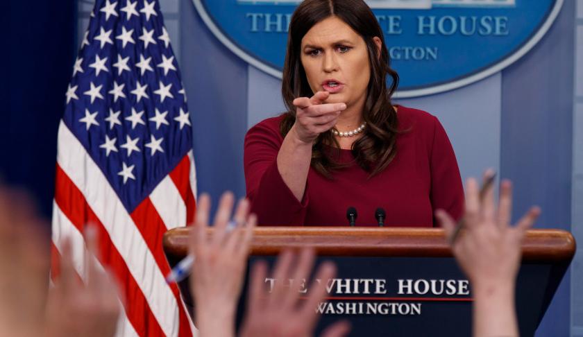 White House press secretary Sarah Huckabee Sanders speaks during the daily press briefing at the White House, Tuesday, April 10, 2018, in Washington. (AP Photo/Evan Vucci)