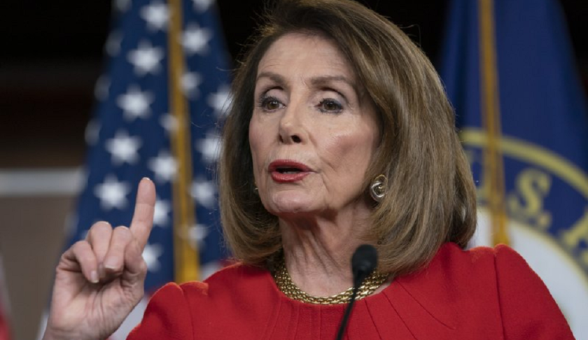 FILE - In this April 4, 2019 file photo, Speaker of the House Nancy Pelosi, D-Calif., speaks during a news conference on Capitol Hill in Washington. Pelosi and Senate Minority Leader Chuck Schumer are to meet with Trump at the White House on Tuesday. (AP Photo/J. Scott Applewhite)