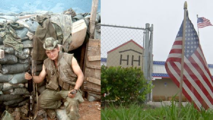 Donald Payton in Vietnam (left) in 1970 and his 'Hearts and Homes For Veterans' warehouse (right) off of Alicia Street in Fort Myers. (Credit: WINK News)