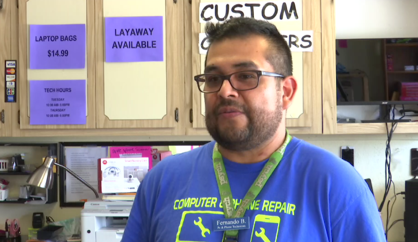 Fernando Beltran's computer liquidation stores were robbed. "When I looked in, I basically ran out of air," he said. (Credit: WINK News)