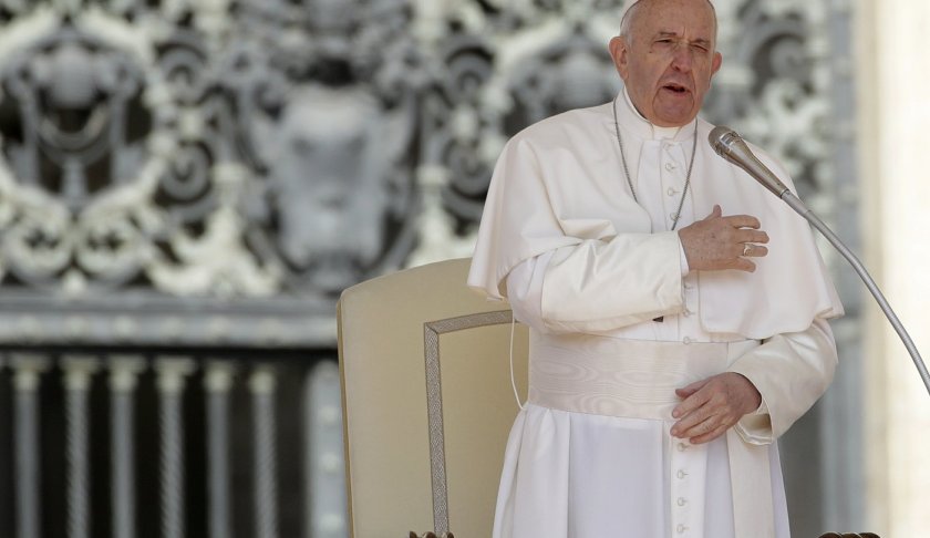 Pope Francis does the sign of the cross during his weekly general audience, in St. Peter's Square, at the Vatican, Wednesday, May 8, 2019. (AP Photo/Alessandra Tarantino)