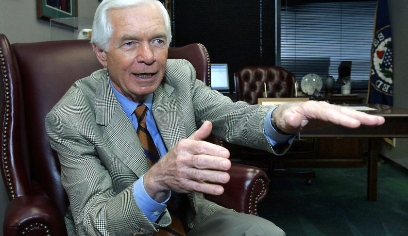 FILE - In this Aug. 24, 2005, file photo, U.S. Sen. Thad Cochran, R-Miss., speaks to a reporter in Jackson, Miss. Seven-term Republican Sen. Thad Cochran, who used seniority to steer billions of dollars to his home state of Mississippi, died Thursday, May 30, 2019. He was 81. (AP Photo/Rogelio Solis, File)