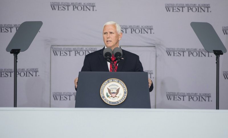 Vice President Mike Pence speaks during graduation ceremonies at the United States Military Academy, Saturday, May 25, 2019, in West Point, N.Y. (AP Photo/Julius Constantine Motal)