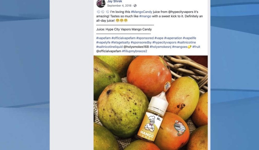 This image captured on Friday, June 7, 2019 shows a Sept. 4, 2018 post on Facebook cited by the U.S. Food and Drug Administration as promoting an e-cigarette formula without including the required nicotine warning statement. On Friday, the FDA sent warning letters to four companies that used paid social media specialists to pitch their fruity and candy nicotine formulas to their online followers. (AP Photo)