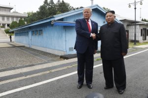 President Donald Trump meets with North Korean leader Kim Jong Un at the border village of Panmunjom in the Demilitarized Zone, South Korea, Sunday, June 30, 2019. (AP Photo/Susan Walsh)
