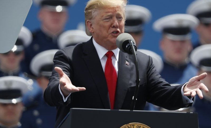 President Donald Trump speaks at the U.S. Air Force Academy graduation Thursday, May 30, 2019 at Air Force Academy, Colo. (AP Photo/David Zalubowski)
