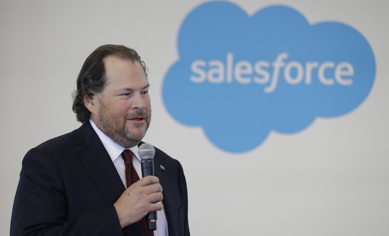 FILE - In this May 16, 2019 file photo, Salesforce chairman Marc Benioff speaks during a news conference, in Indianapolis. Salesforce is buying Tableau Software in an all-stock deal valued at $15.7 billion. The buyout is expected to close during Salesforce’s fiscal 3rd quarter. (AP Photo/Darron Cummings, File)
