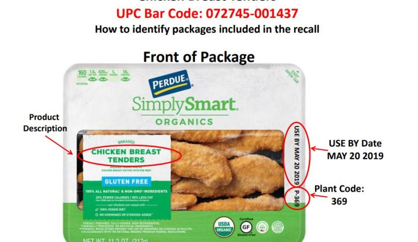 The item, Organics Breaded Chicken Breast Tenders, is among the products in a recall by Perdue Foods. (Credit: USDA)