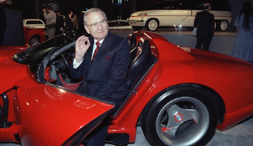 FILE - In this March 28, 1990, file photo, Chrysler Corporation Chairman Lee Iacocca sits in a 1990 Dodge Viper sports car as the Chrysler in the 90's six city tour makes a visit to New York. Former Chrysler CEO Iacocca, who became a folk hero for rescuing the company in the '80s, has died, former colleagues said Tuesday, July 2, 2019. He was 94. (AP Photo/Osamu Honda, File)
