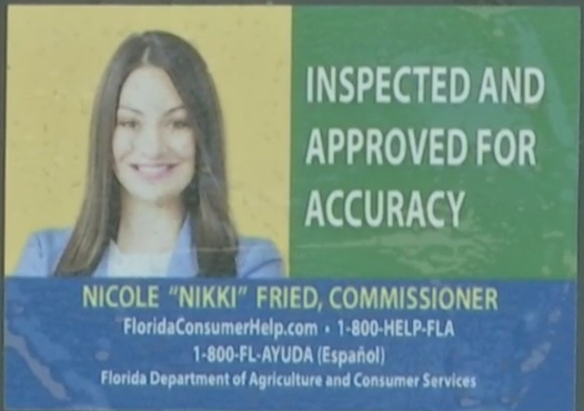 Nikki Fried gas pump inspection sticker. (Credit: WINK News)