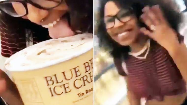Video appears to show a woman lick a tub of Blue Bell ice cream at a grocery store and then put it back into the freezer. (Credit: Inside Edition)