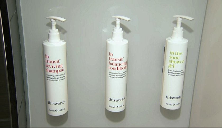 This image made from video shows bottles of shampoo, conditioner and shower gel that will replace smaller bottles of them by 2021, filmed at Marriott's headquarters in Bethesda, Md., Tuesday, Aug. 27, 2019. Marriott International, the world's largest hotel chain, said Wednesday it will eliminate small plastic bottles of shampoo, conditioner and bath gel from its hotel rooms worldwide by December 2020. They’ll be replaced with larger bottles or wall-mounted dispensers, depending on the hotel. (AP Photo/Dan Huff)