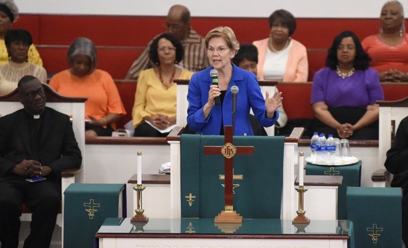 Democratic presidential hopeful Elizabeth Warren addresses congregants at Reid Chapel AME Church on Sunday, Aug. 18, 2019, in Columbia, S.C. (AP Photo/Meg Kinnard)