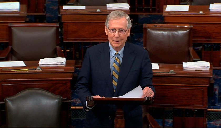 FILE: In this image from Senate Television, Senate Majority Leader Mitch McConnell of Ky., speaks on the floor of the U.S. Senate, Monday, Oct. 1, 2018, on Capitol Hill in Washington. (Senate Television via AP/FILE)