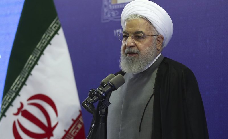 In this photo released by the official website of the office of the Iranian Presidency, President Hassan Rouhani speaks in the inauguration ceremony of a power plant in northwestern Iran, Thursday, Aug. 1, 2019. Rouhani said U.S. financial sanctions on Iran's foreign minister are "childish" and a barrier to diplomacy. (Iranian Presidency Office via AP)
