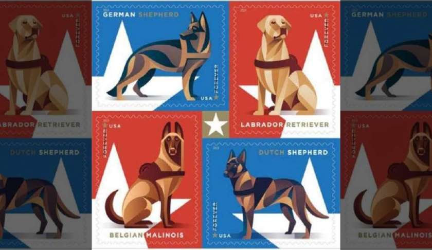 The Forever stamps honoring military working dogs (Credit: U.S. Postal Service)