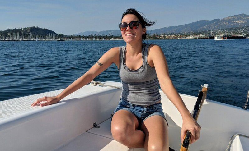 This June 2018 photo provided by Rob McClelland shows Allie Kurtz aboard a sailboat. Kurtz, a 26-year-old scuba diving boat crewmember who loved the ocean and had just landed her dream job, is among multiple victims of a deadly fire that torched a dive boat off Southern California's coast, her family said on Wednesday, Sept. 4, 2019. Kurtz recently left a job in movie promotion with Paramount to follow her heart and work on the sea, said her grandmother, Doris Lapporte. (Rob McClelland via AP)
