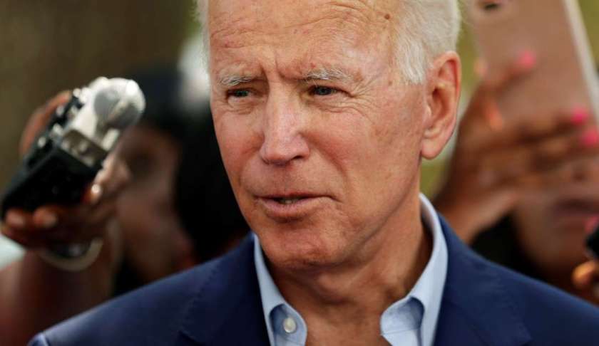 Democratic presidential candidate former Vice President Joe Biden speaks to members of the media following a visit with students on the campus of Texas Southern University Friday, Sept. 13, 2019, in Houston. (AP Photo/Eric Gay)