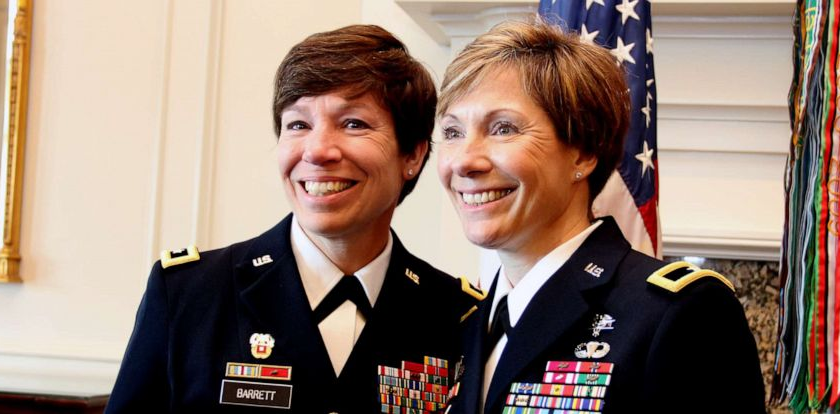 Maj. Gen. Maria Barrett poses with Brig. Gen. Paula Lodi during then Col. Lodi's promotion ceremony at the Army Navy Country Club in Arlington, VA on 12 July 2019. (Credit: U.S. Army)